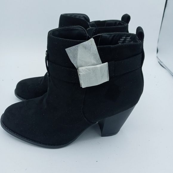 Torrid Black Wood Block Heel Bootie with Buckle studs and strap accents zip up - Picture 2 of 11